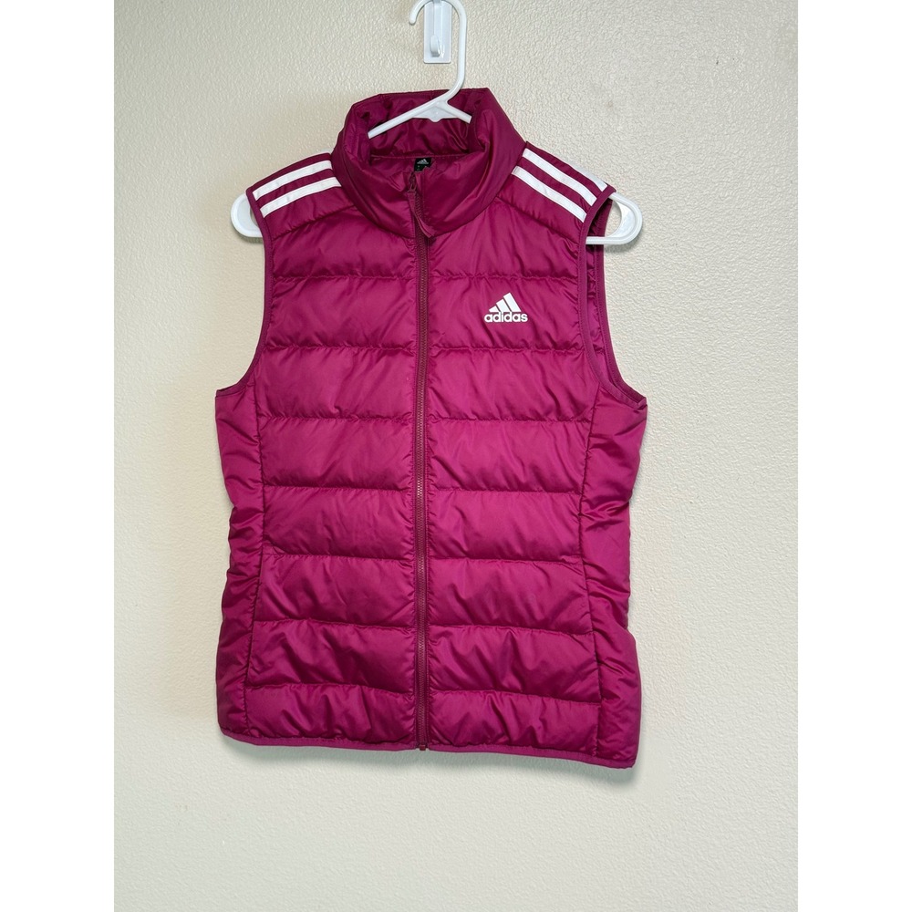 Adidas Womens Magenta Pink Puffer Vest Full Zip Quilted 3-Stripe Size Small